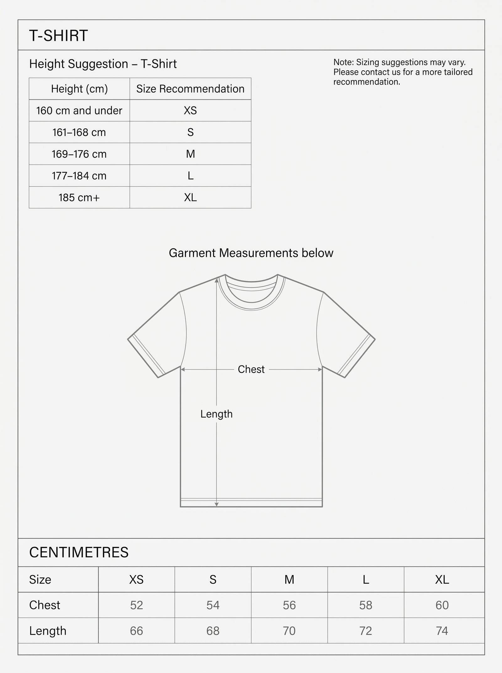 Summer tee size chart