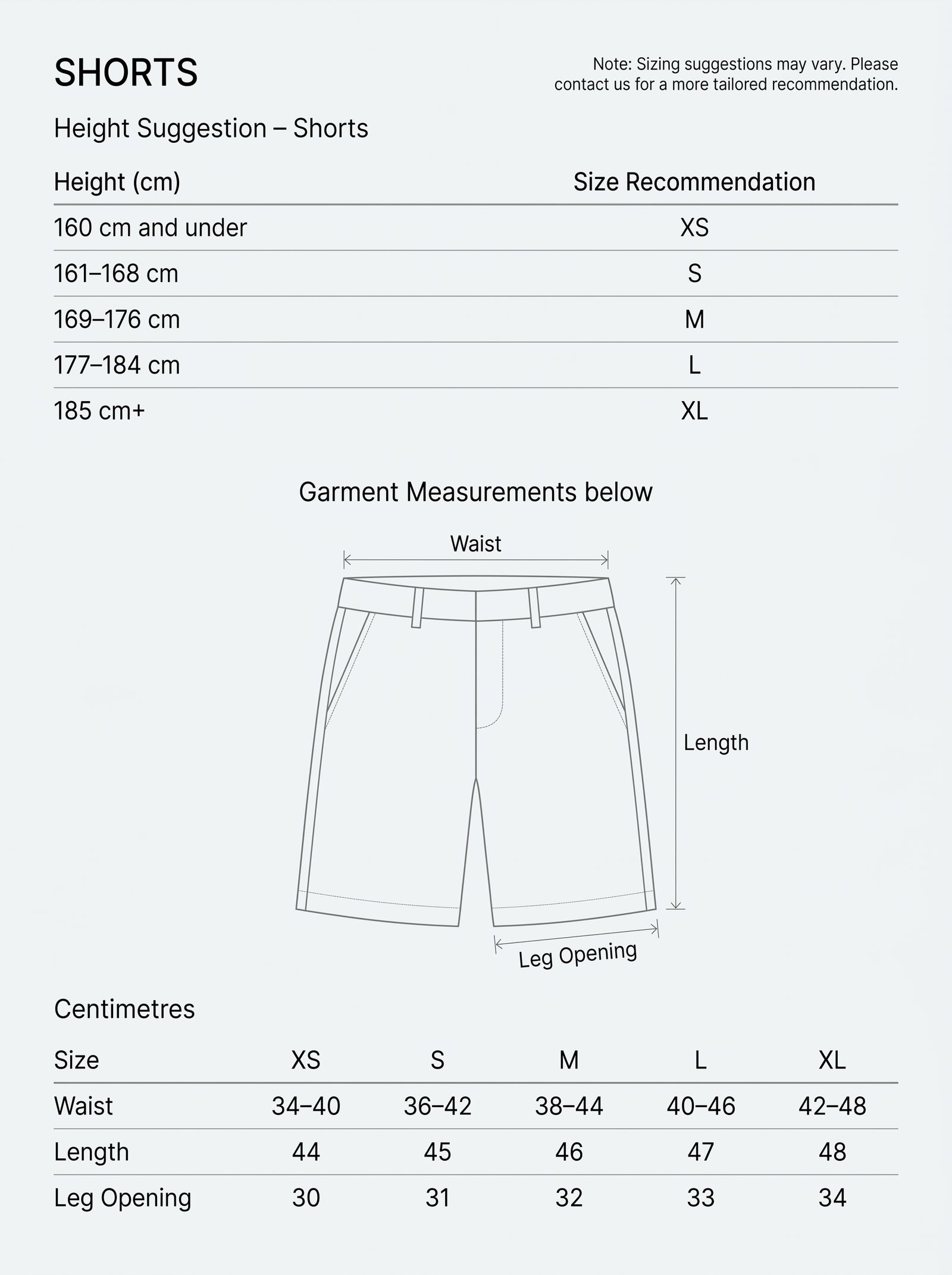 Summer shorts size chart