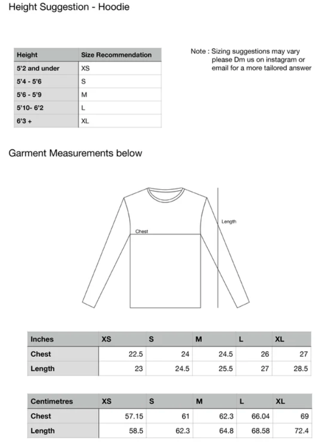 Hoodie size chart